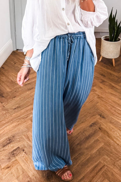 Blue Stripe Chambray Wide Leg Tied Elastic Waist Trousers