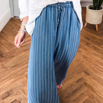 Blue Stripe Chambray Wide Leg Tied Elastic Waist Trousers