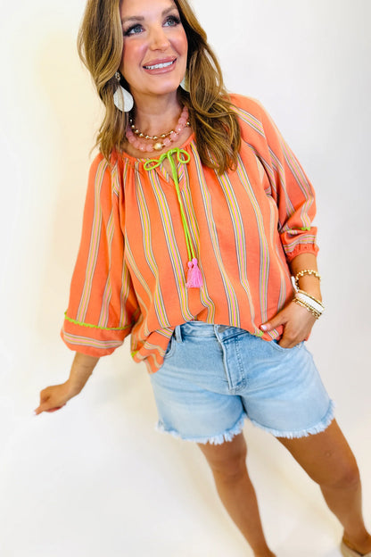 Orange Stripe Tassel Tie Neck Bracelet Sleeve Cotton Blouse