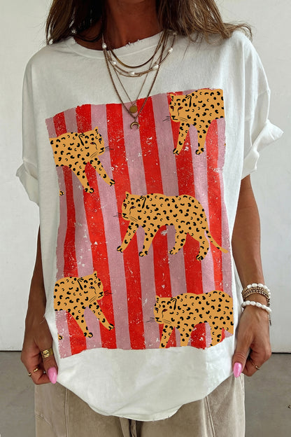 White Cheetah Striped Print Retro Fashion Graphic Tee