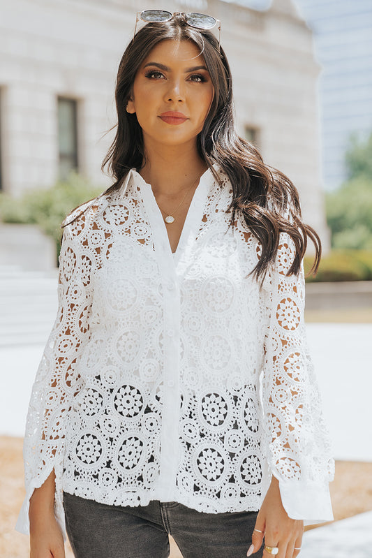 Crochet Lace Hollow-out Turn-down Collar Shirt