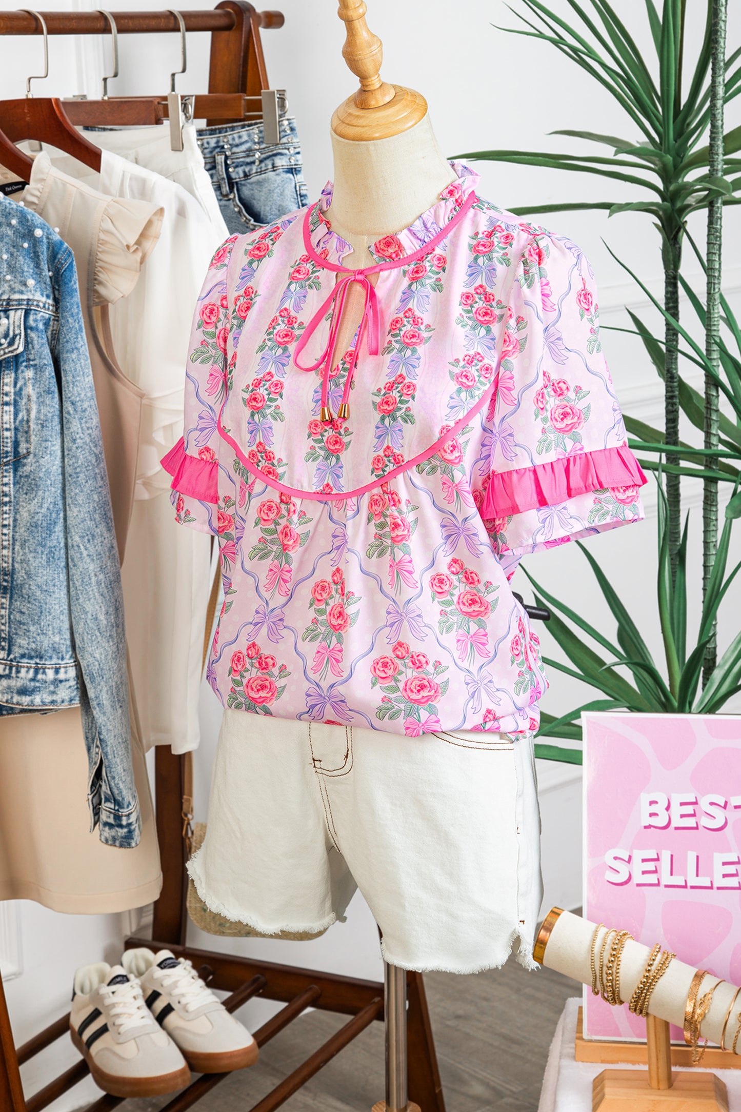 Purple Coquette Floral Bow Printed Contrast Ruffled Short Sleeve Blouse