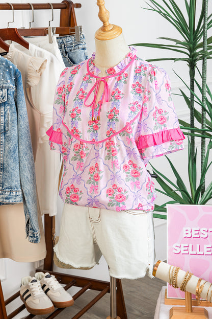 Purple Coquette Floral Bow Printed Contrast Ruffled Short Sleeve Blouse