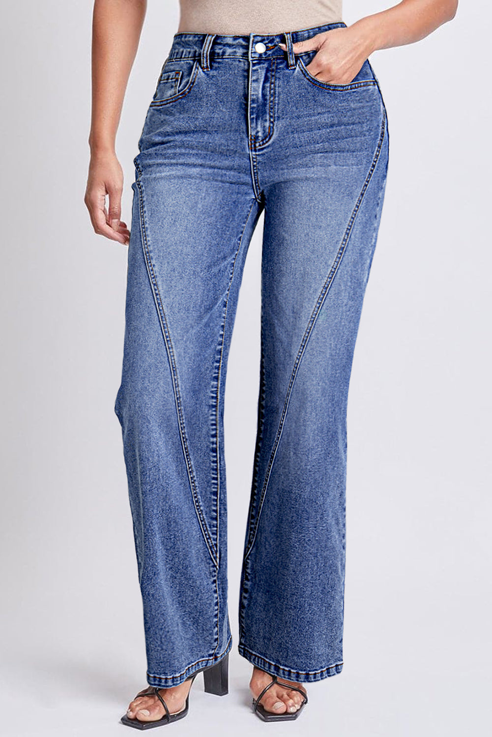 Dark Blue Trendy Seam Detail Straight Leg Jeans