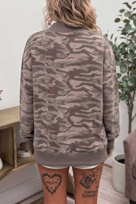 Multicolour Camouflage Print Mock Neck Casual Pullover Sweatshirt