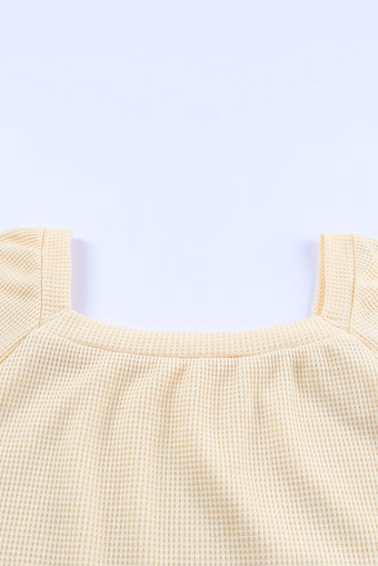 Square Neck Puff Sleeve Waffle Knit Top
