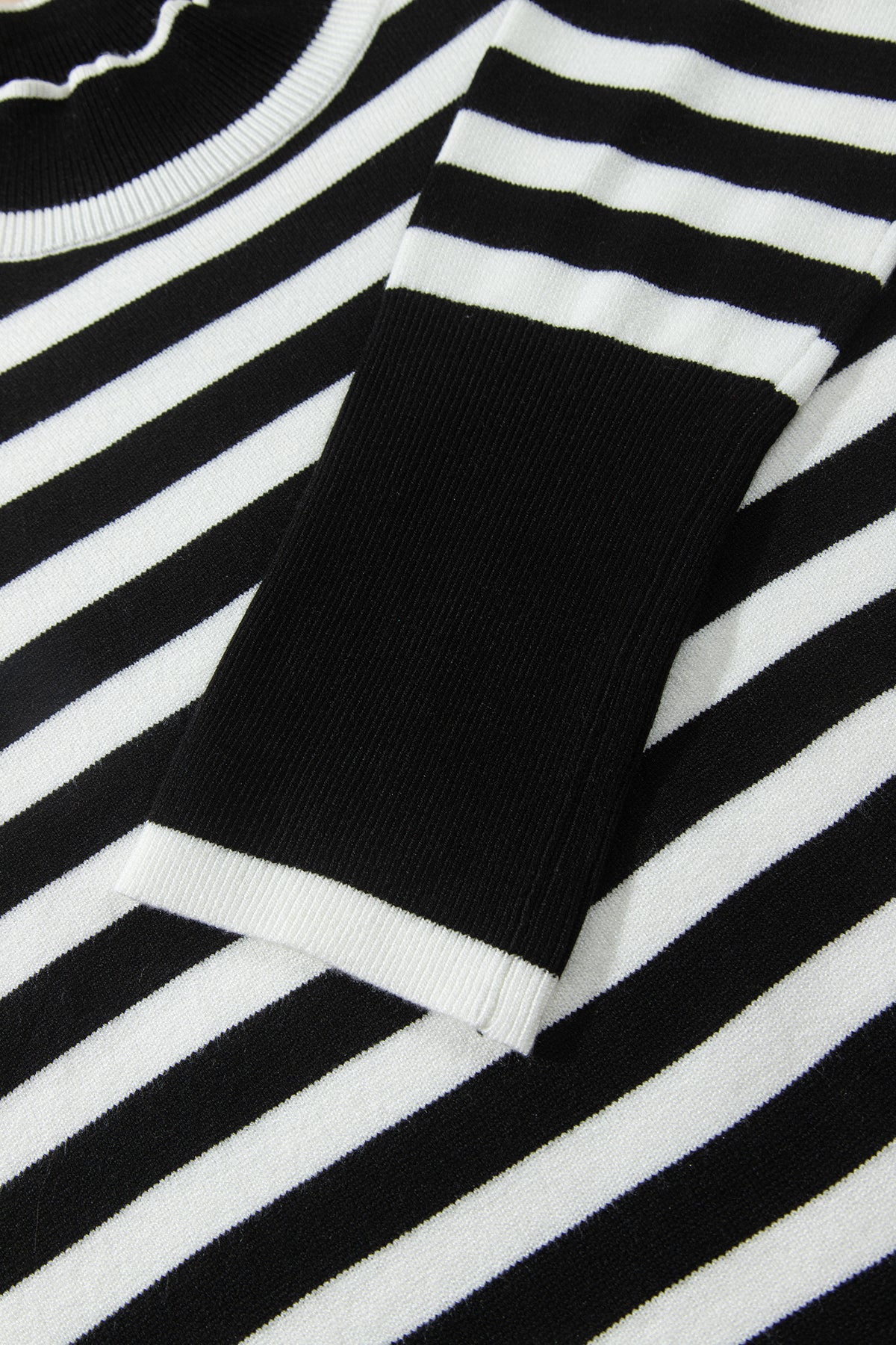 Black Striped High Neck Contrast Ruffle Detail Casual Sweater