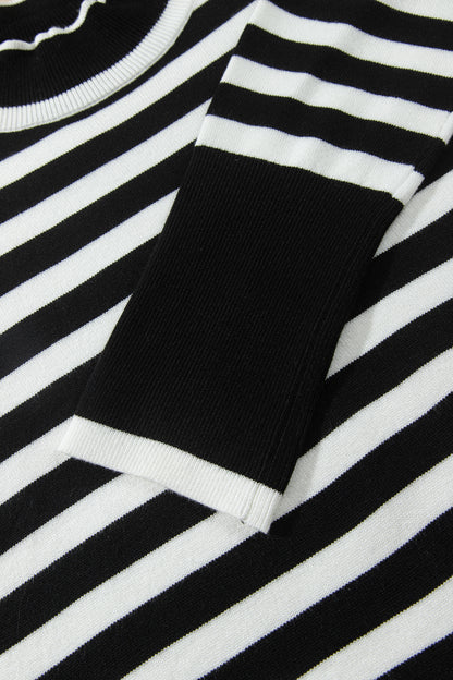 Black Striped High Neck Contrast Ruffle Detail Casual Sweater