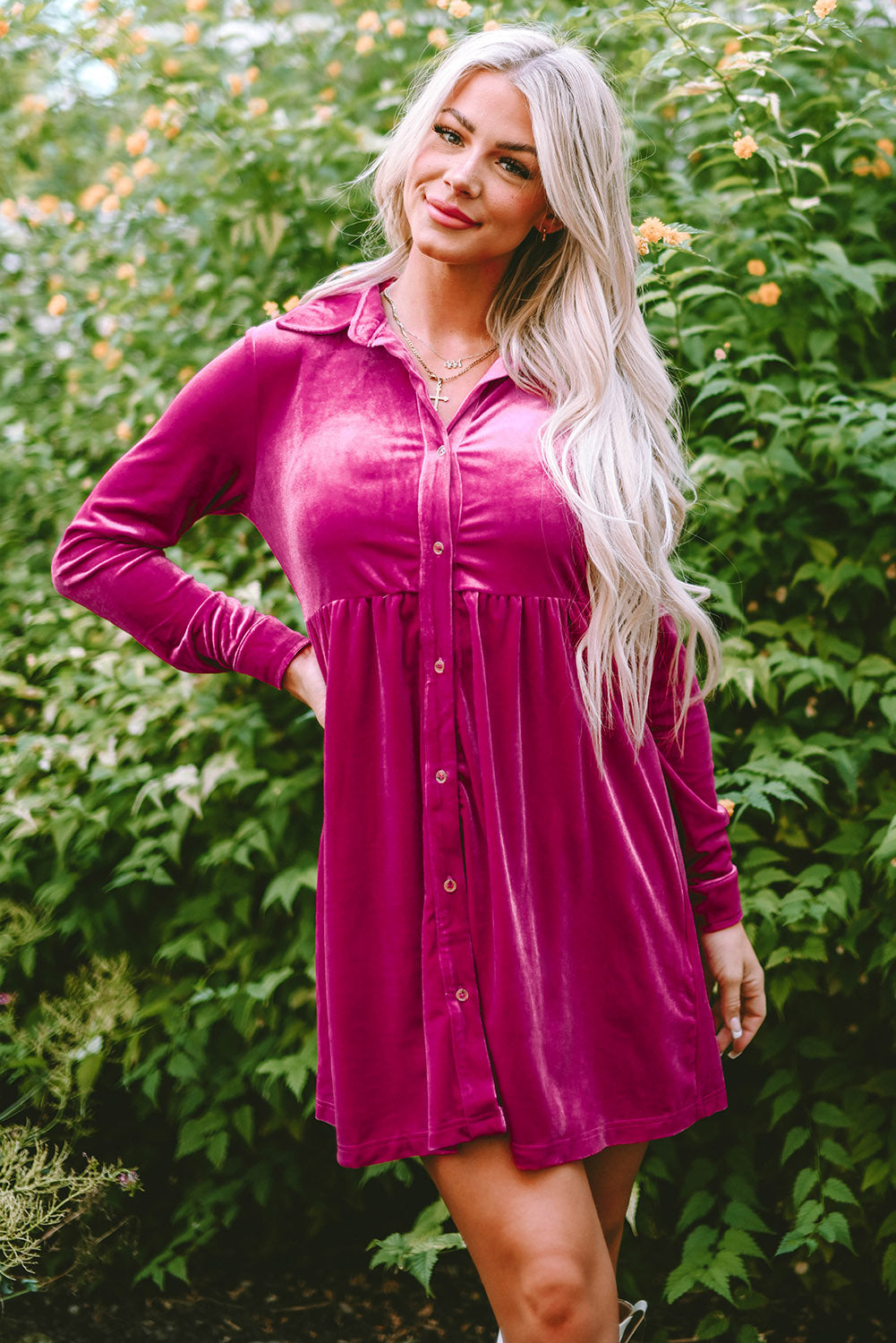 Rose Long Sleeve Ruffle Velvet Button Up Dress Rose Long Sleeve Ruffle Velvet Button Up Dress