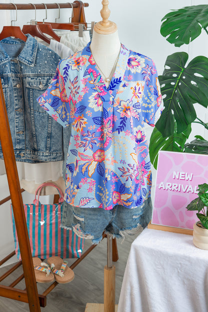 Purple Vacation Floral Print V Neck Short Sleeve Blouse