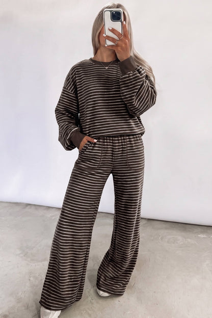 Brown Stripe Cozy Terry Knit Long Sleeve Pullover Pocketed Shift Pants 2pcs Sets
