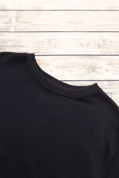 Black Plain Drop Shoulder Crewneck Pullover Sweatshirt