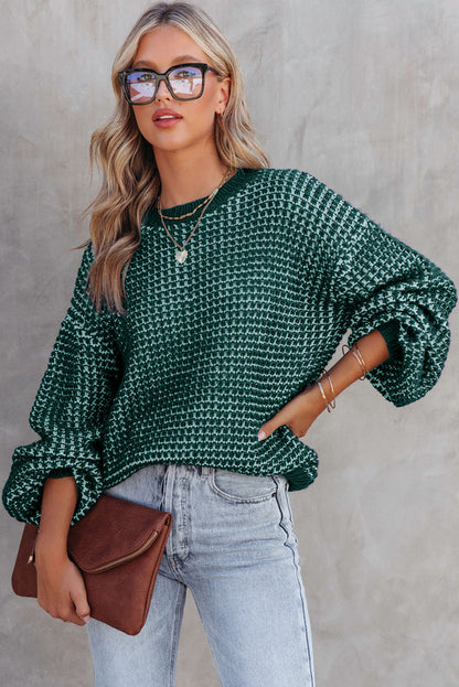 Pull vert chiné en tricot à épaules tombantes et manches bouffantes 