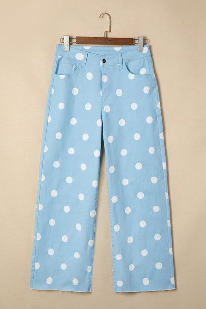 Sky Blue Polka Dot Print Raw Hem Shift Jeans