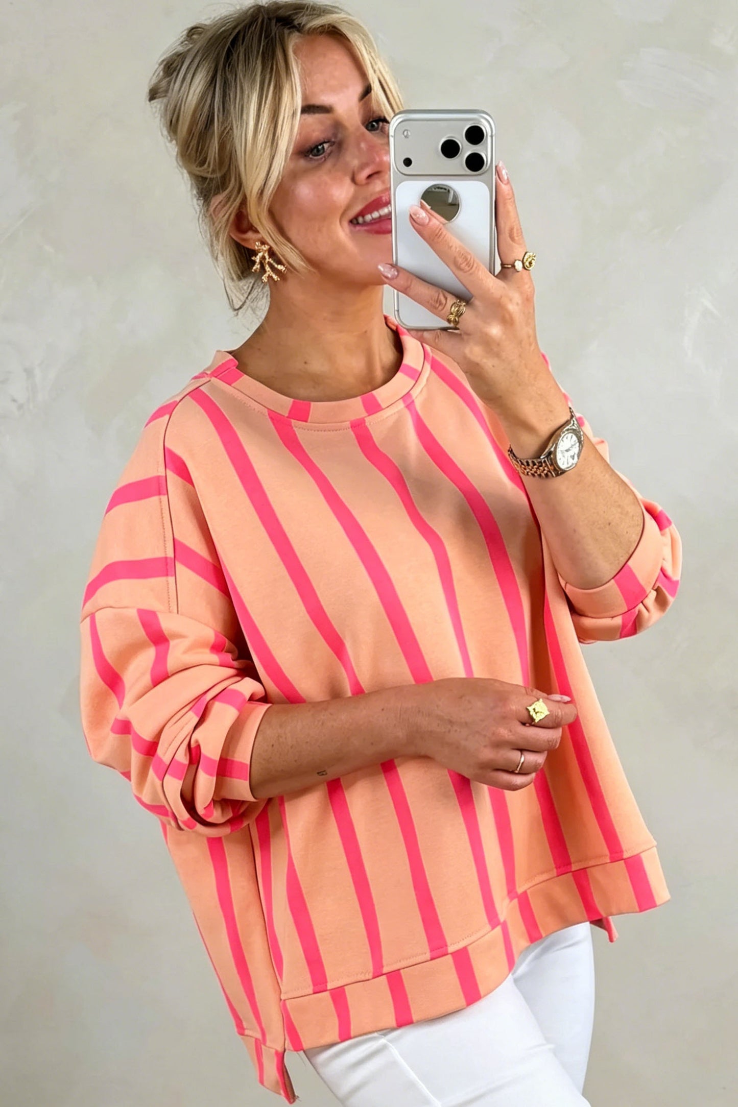 Pink Stripe Dropped Shoulder Round Neck Casual Sweatshirt