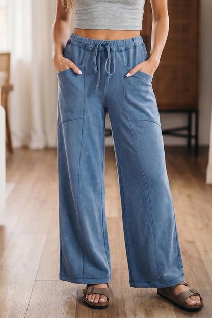 Ashleigh Blue 100% Cotton Mineral Wash Drawstring Retro High Waist Wide Leg Western Pants
