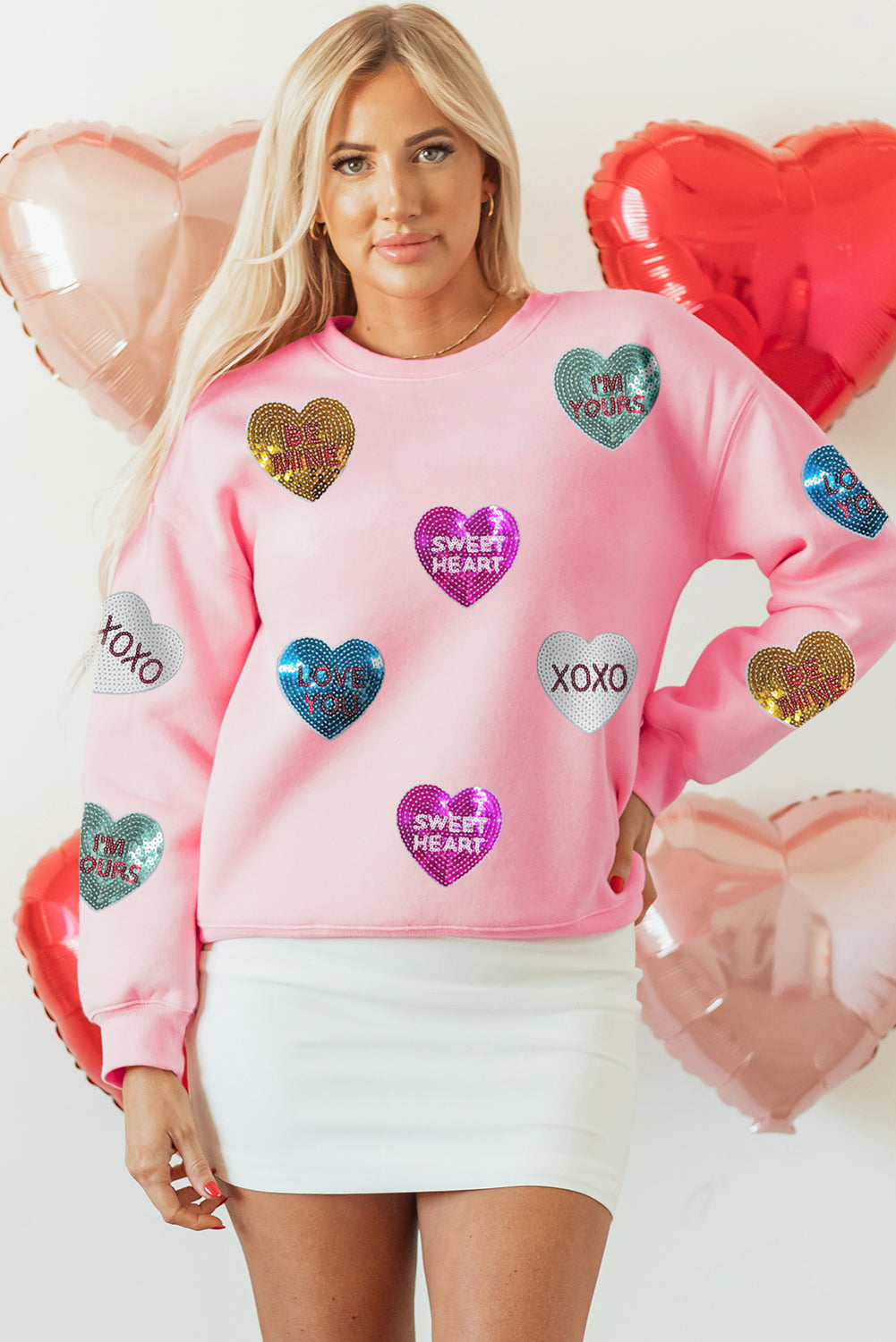 Sweat-shirt de Saint-Valentin à paillettes roses et motif cœur romantique