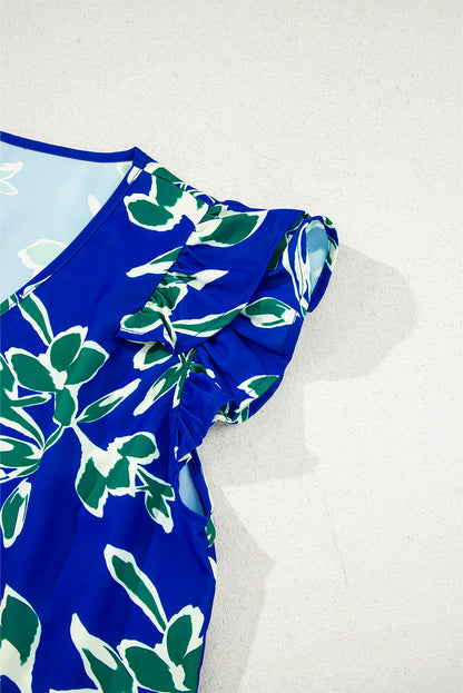 Blue V Neck Floral Print Double Ruffled Short Sleeve Blouse