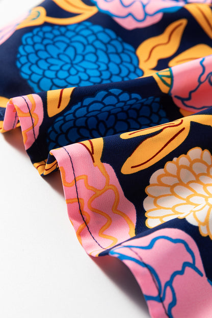 Robe droite bleu marine à imprimé floral d'hortensias, manches bouffantes, col en V