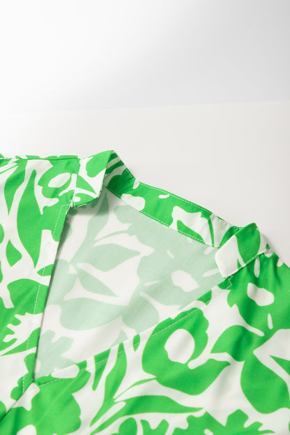 Green Floral Print Puff Half Sleeve V Neck Babydoll Dress