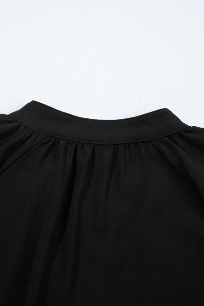 Black Bow Decor Puff Sleeve Split Neck Blouse