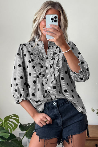 Black white Polka Dot Striped Print Ruffle Stand Neck 3/4 Sleeve Shift Shirt