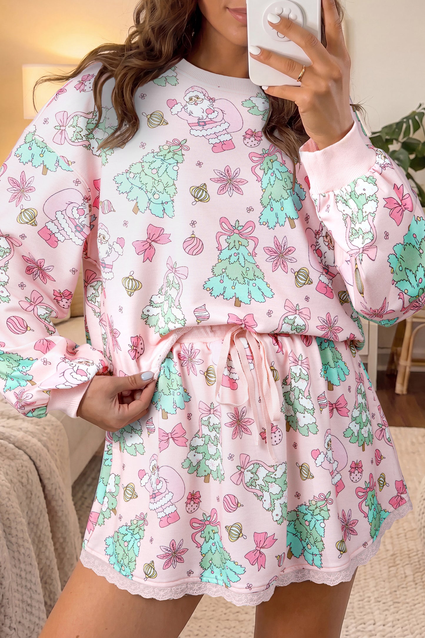 Pink Floral Print Lace Trim Long Sleeve Skirt Set