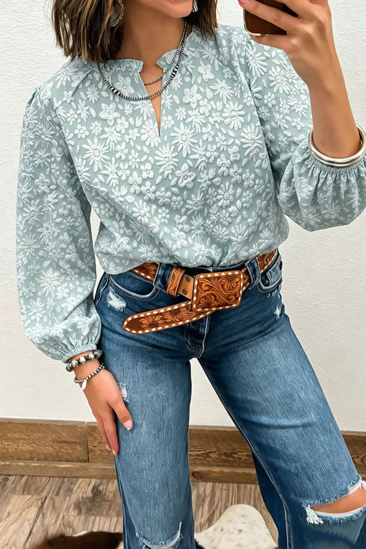 Iceland Blue V Neck Floral Textured Long Sleeve Casual Blouse