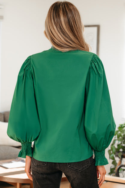 Black Puffy Flounce Sleeve Leopard Trim V Neck Blouse