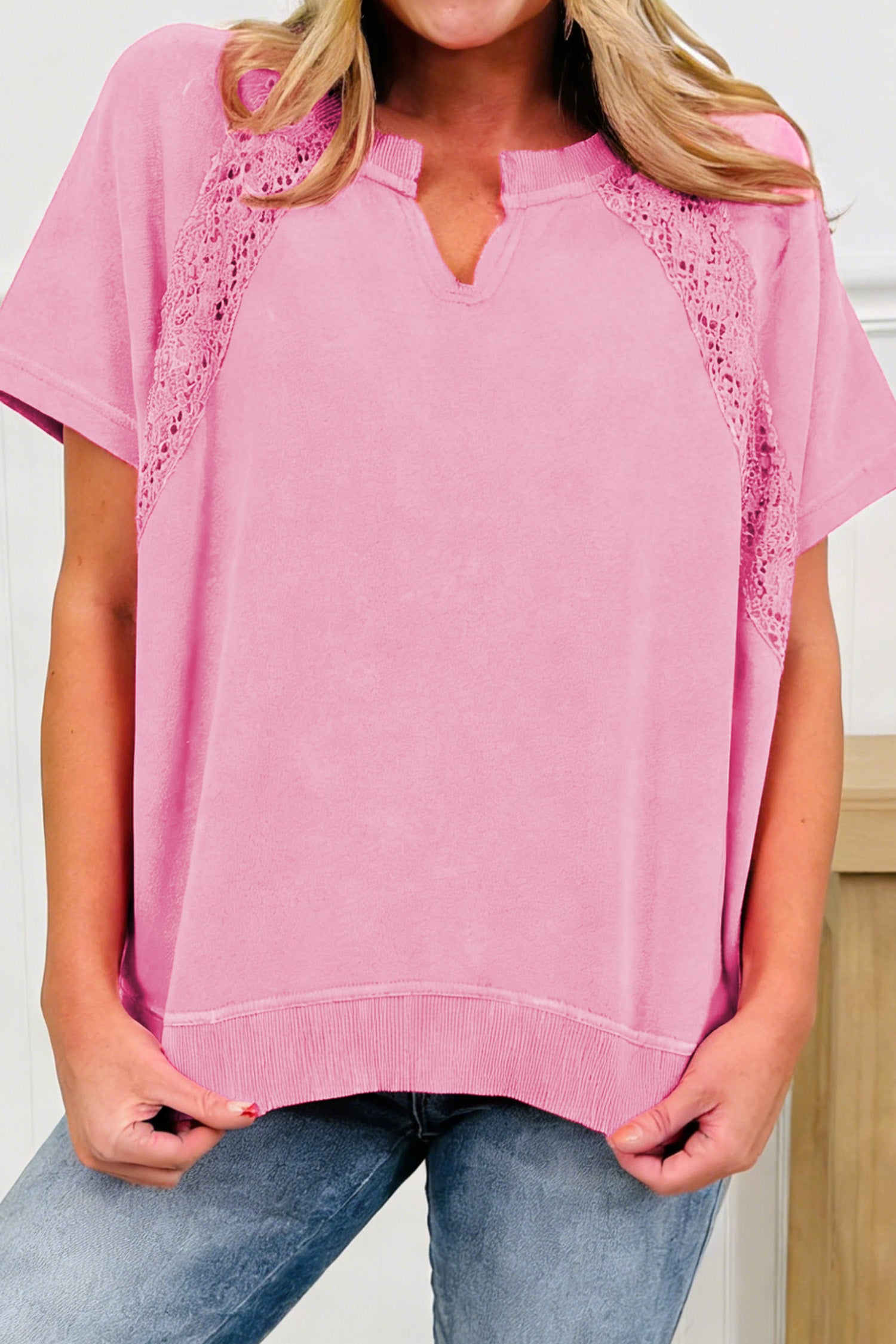Pink Raw Cut Notched Neck Lace Patchwork Detail Mineral Wash Tee