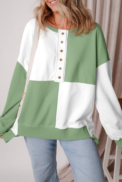 Grass Green Colorblock Henley High Low Oversize Sweatshirt