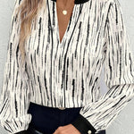 White Abstract Printed V Neck Fall Blouse