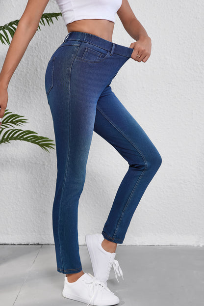 Jean décontracté Ashleigh bleu à poches multiples, coupe droite, délavé, extensible et en tricot