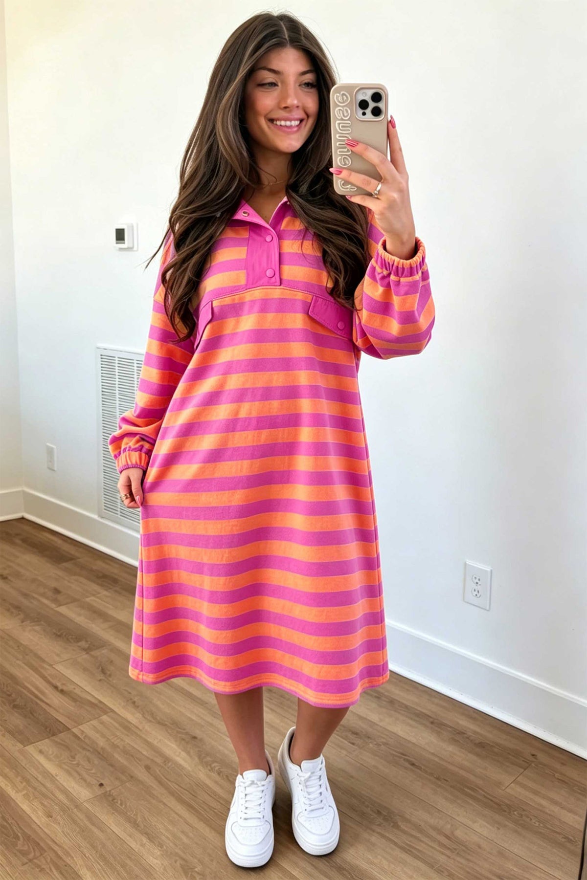 Rose Stripe Long Sleeve Polo Neck Midi Dress