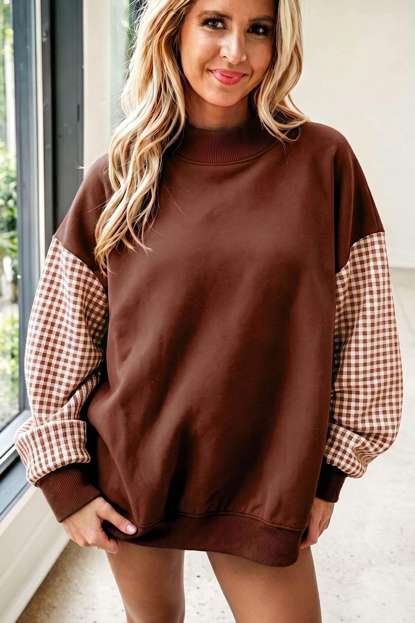 Coffee Plaid Sleeve Colorblock Loose Tunic Sweatshirt