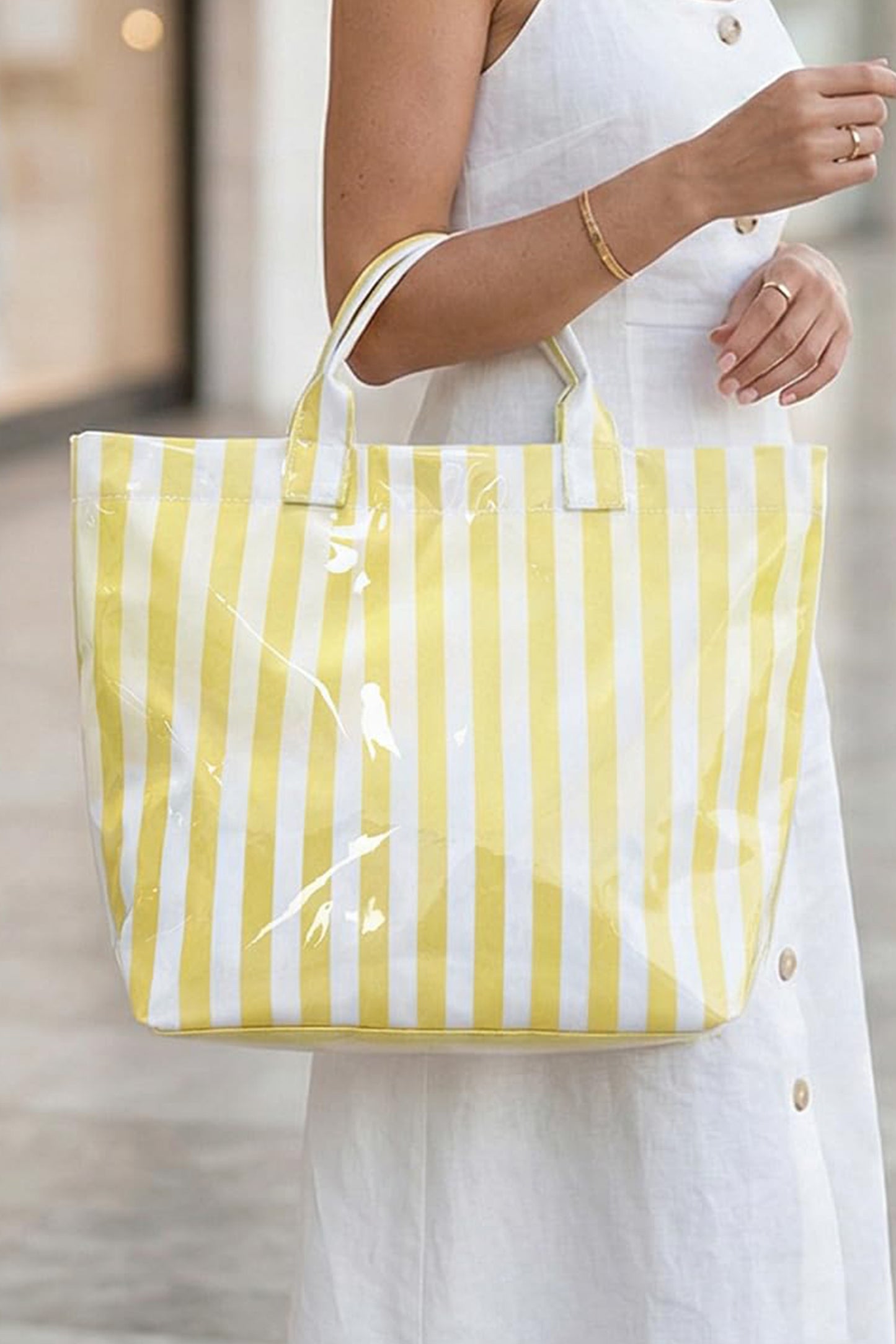 Yellow Cream Glossy Striped Vinyl Large Tote Bag