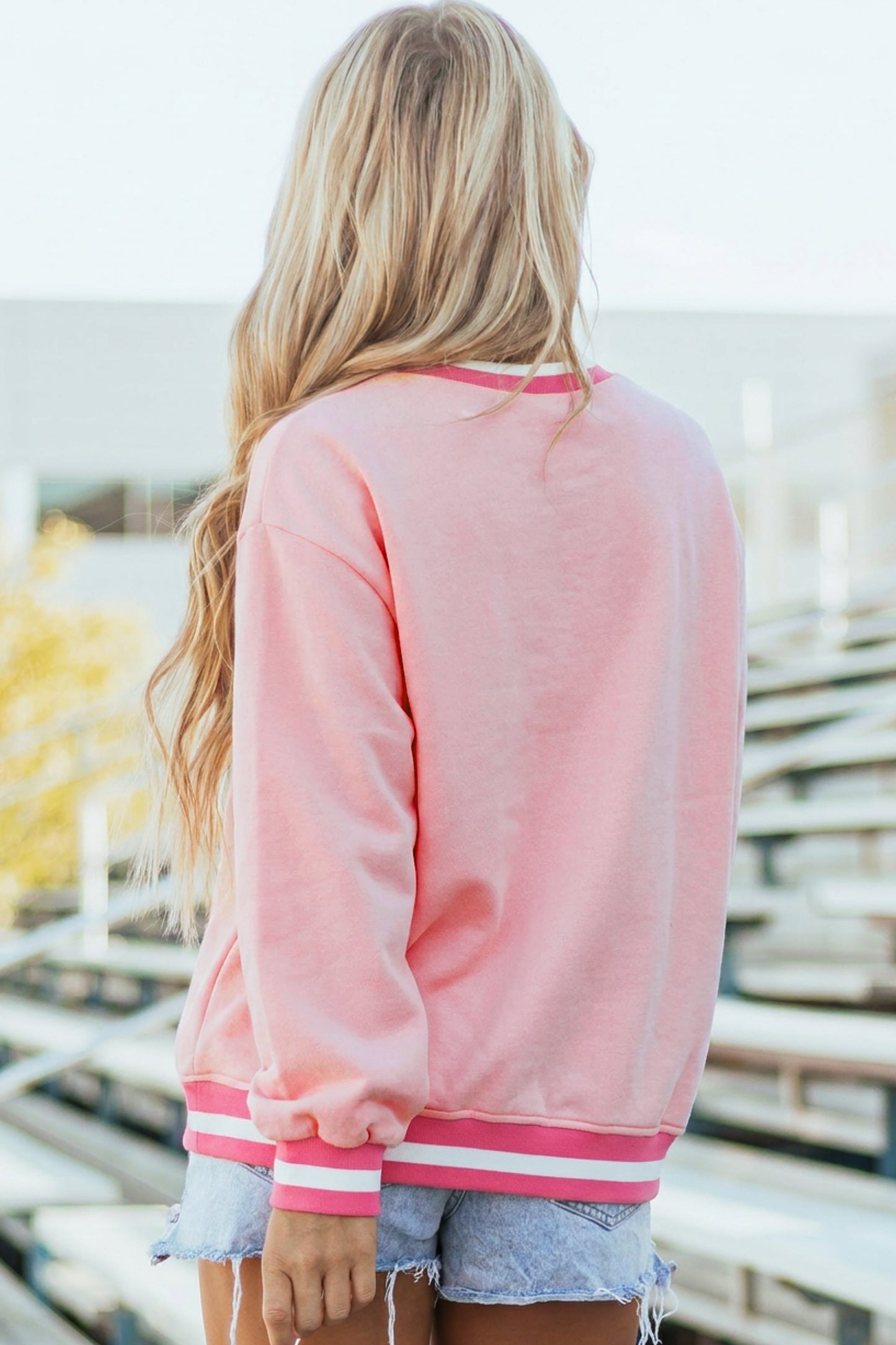 Pink Embroidered Tennis Club Crew Neck Pullover Sweatshirt