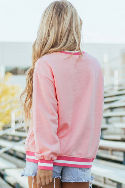 Pink Embroidered Tennis Club Crew Neck Pullover Sweatshirt