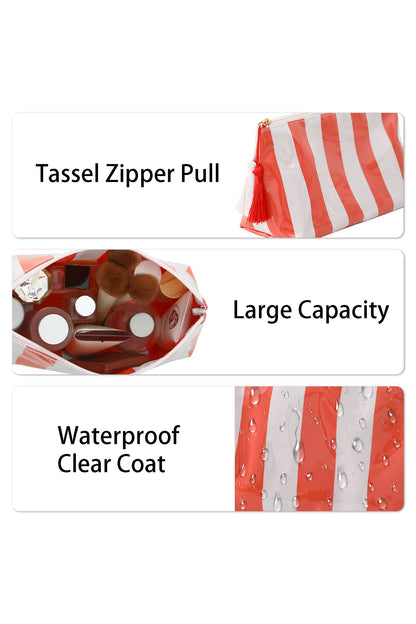 Carrot Striped Vinyl Waterproof Tassel Zipper Makeup Bag