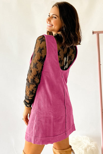 Rose Red Corduroy Sleeveless Mini Dress With Patched Pockets