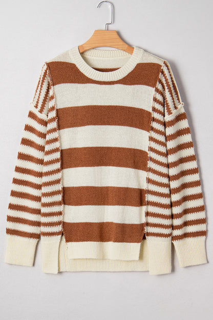 Brown Stripe Drop Shoulder Sleeve Patchwork Baggy Sweater