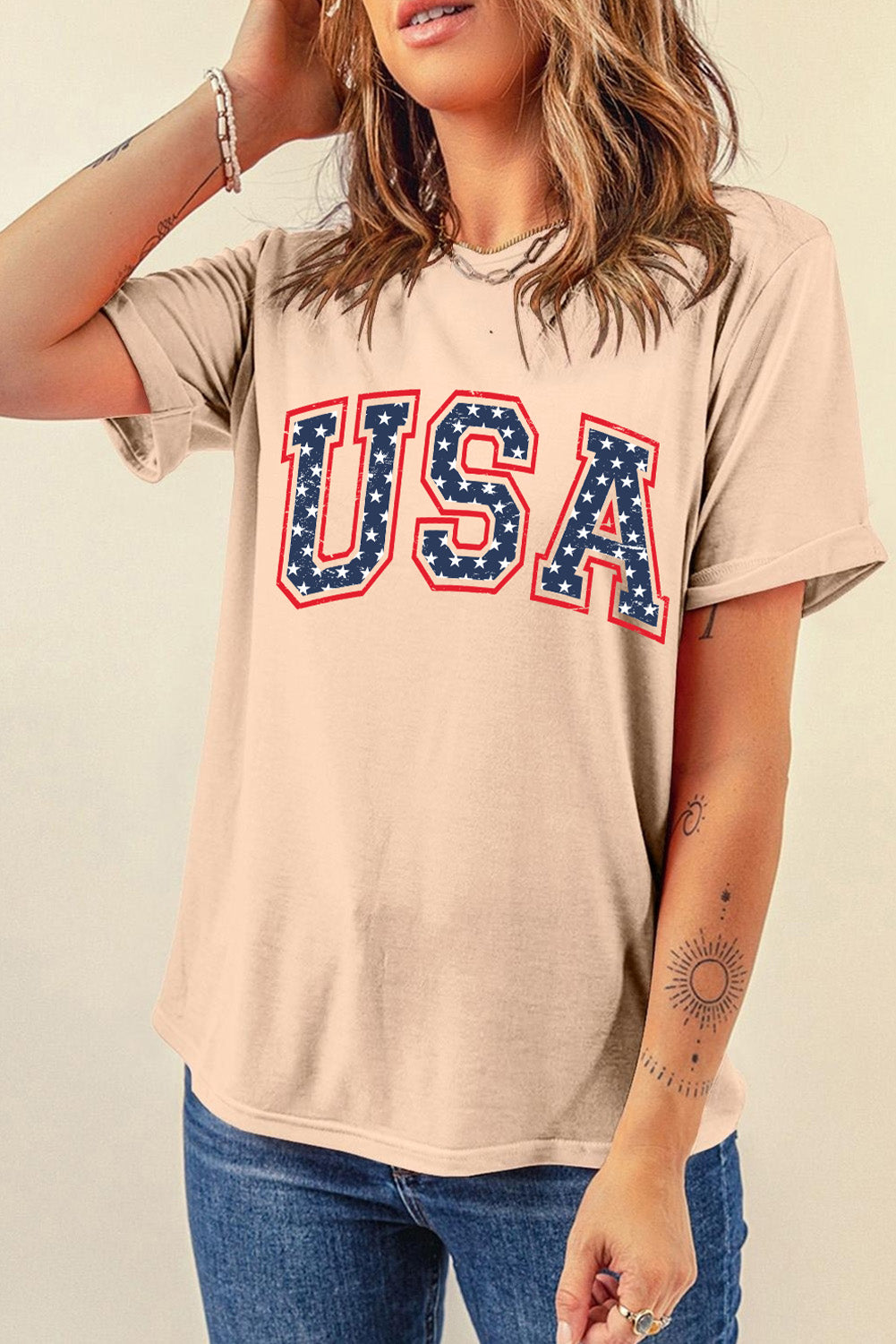 Khaki Starry USA Lettering Independent Day T-shirt