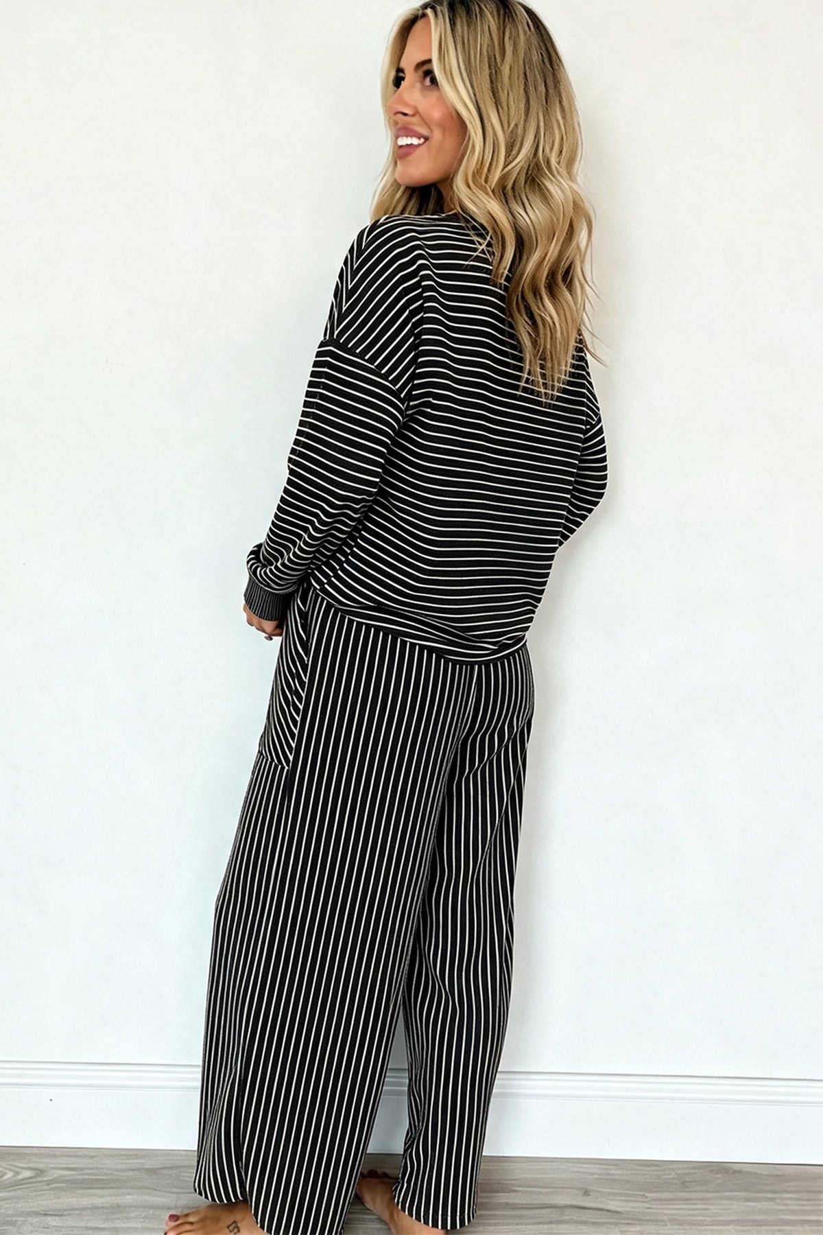 Black Stripe Drop Shoulder Relaxed Pullover Casual Pants 2pcs Set