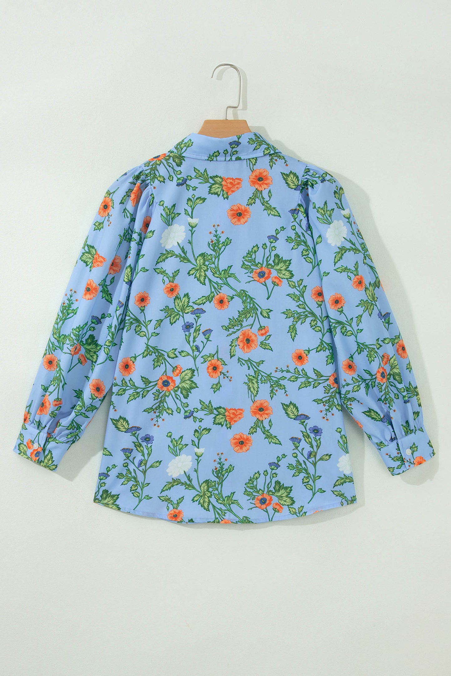 Sky Blue Floral Print Bracelet Sleeve Button Down Casual Shirt