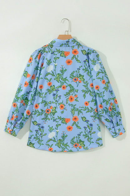 Sky Blue Floral Print Bracelet Sleeve Button Down Casual Shirt