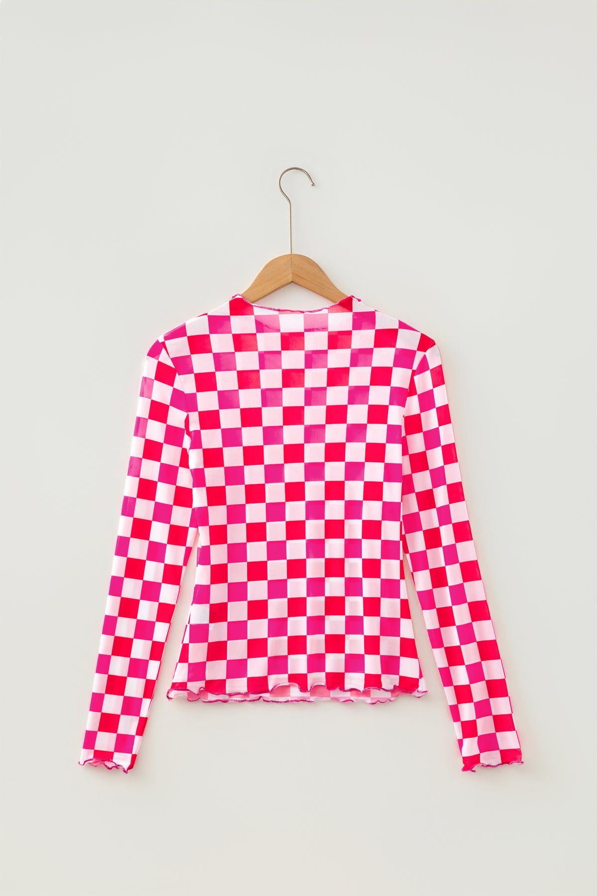 Rose Plaid Heart Mesh Sheer Long Sleeve High Neck Blouse