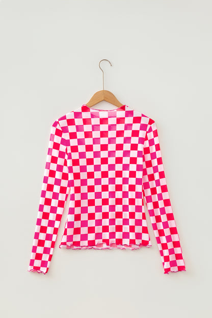 Rose Plaid Heart Mesh Sheer Long Sleeve High Neck Blouse