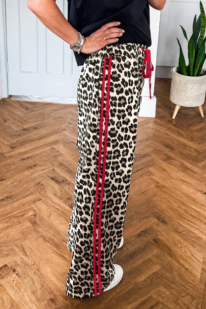 Rose Contrast Detail Tie Waist Leopard Print Casual Pants