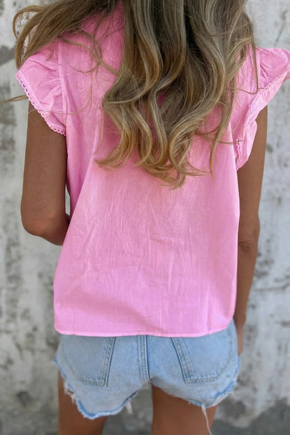 White Lace Detail Flutter Sleeve Pleated Round Neck Blouse