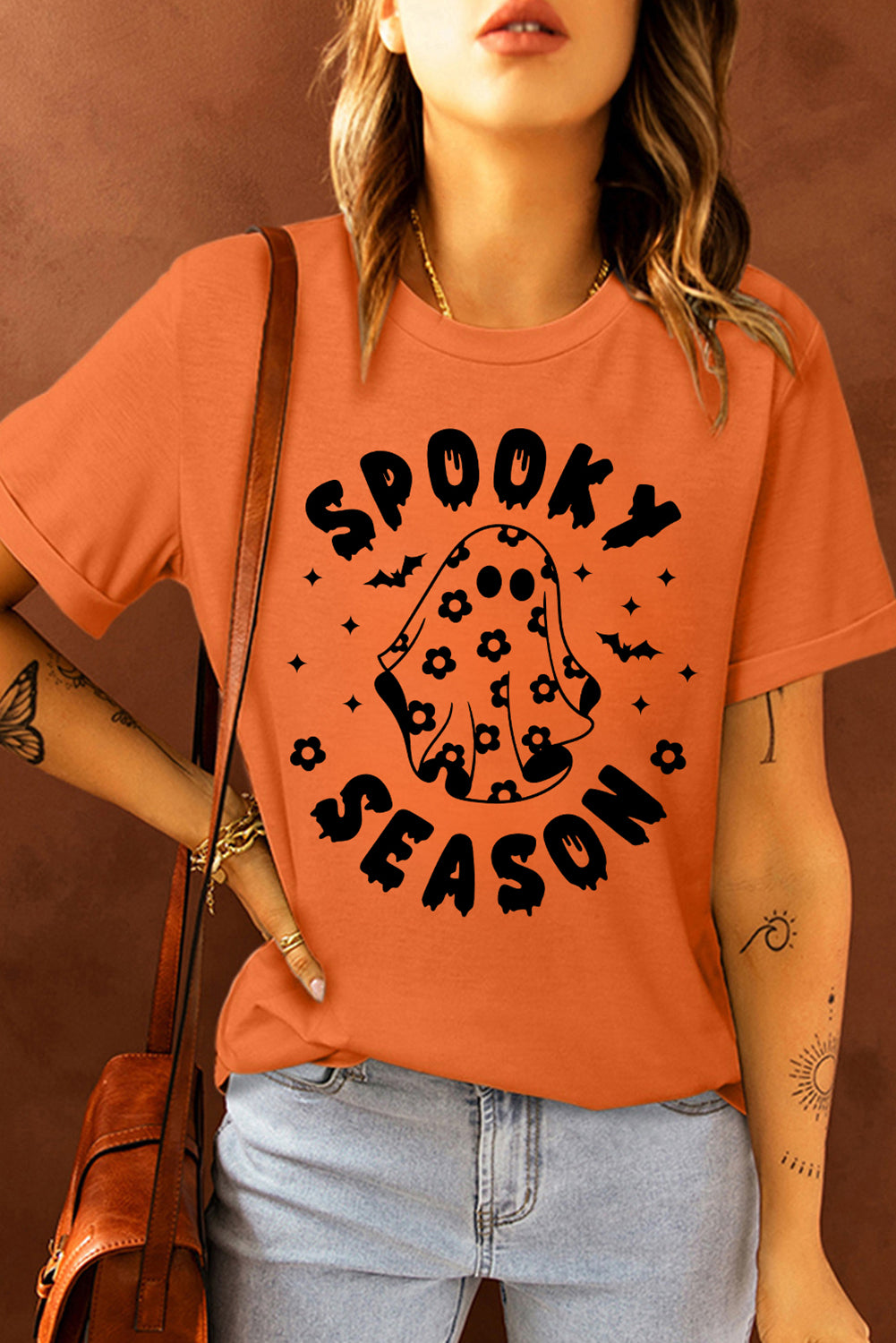 T-shirt d'Halloween orange à col ras du cou et imprimé fantôme SPOOKY SEASON